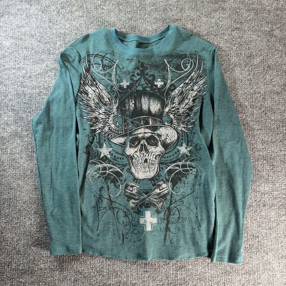 Faded Glory Shirt Mens XL Green Skull Graphic Thermal Long Sleeve Biker Tee